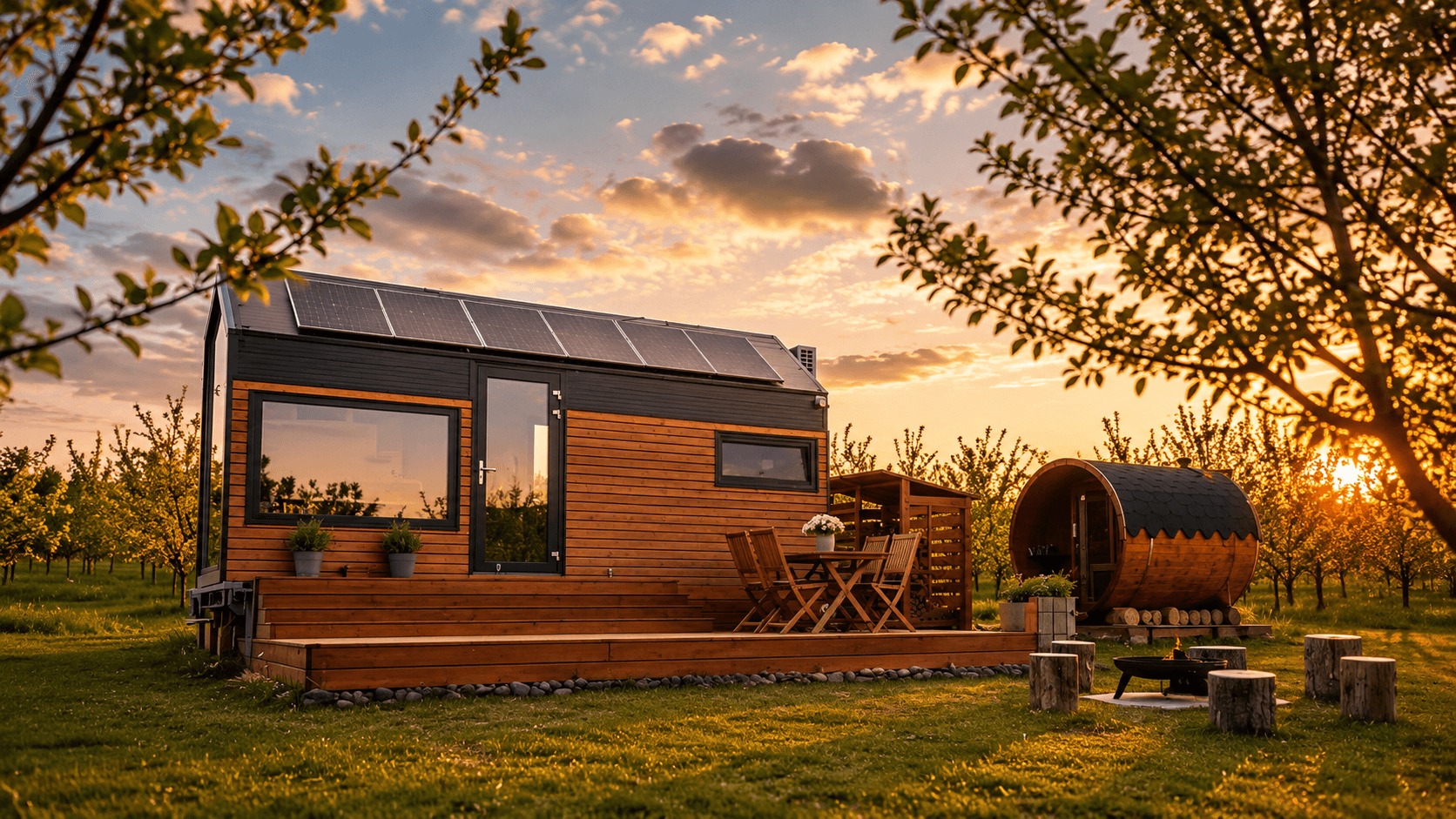 Tiny house Glampidol se saunou v trnkovém sadu při západu slunce